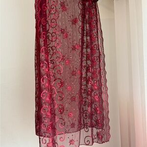 Elegant Red /burgundy Lace Scarf 🧣 with sequins flower pattern. Shoulder Cover